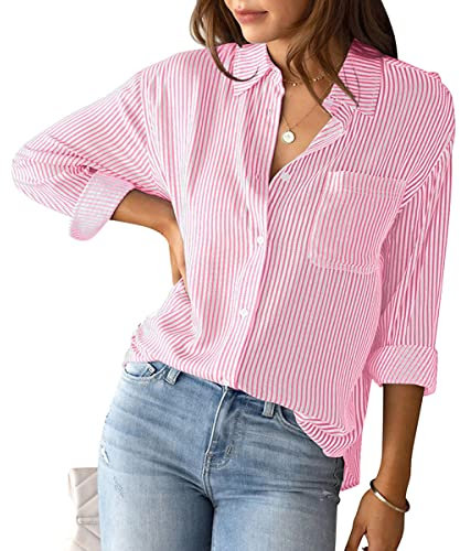 ORANDESIGNE Camicia Donna Righe Verticali Camicie Eleganti Maniche Lunghe Blusa Maglietta Camicetta con Scollo A V Tunica Casual Moda T-Shirt Ufficio Lavoro Casacca con Bottoni Rosa M