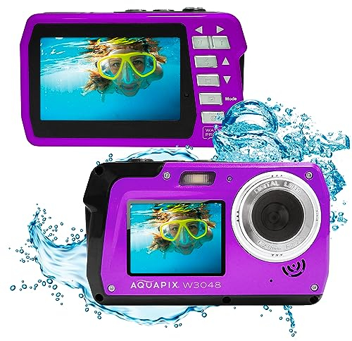 Aquapix W3048 'Edge' Unterwasserkamera mit Zwei Displays, wasserfest bis 3 m, bis zu 48 MP Auflösung, 16x Digital-Zoom, 13 MP Sensor, Video bis 4K, Violet