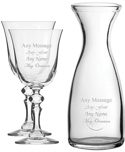 Personalised Engraved Set of 2 Crystal Jasmine Wine Glass and 1 Litre Carafe Set, Customise with Any Message for Any Occasion, Stylize from a Variety of Fonts, Gift Boxes Included, Laser Engraved