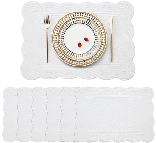 BALAPET Gesteppte Tischsets, 6er-Set, 100 % Baumwolle, 33 x 45,7 cm, Tischsets, Bauernhaus-Stil, wendbar, rechteckig, Tischplatte mit gewellten Kanten, für Küche, Dinner-Party, Urlaub, weiß,