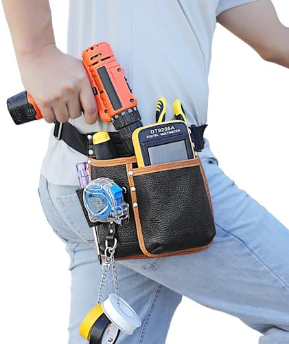 quipuda Tool Belt, Genuine Leather Tool Pouch, with Adjustable Waist Belt, Tool Bag with Tape Measure Holder for Electricians, Plumbers, Frame Builders
