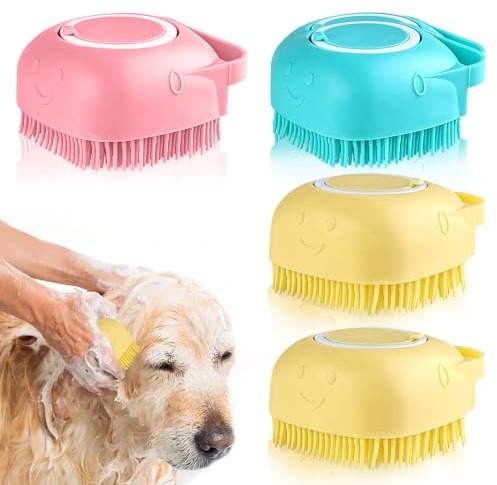 Riisoyu 4 Stück Haustier Badebürste, Silikon Haustier Massagebürste Tragbare Hund Katze Bad Bürste Kamm HaustierbüRste Duschbürste Bademassage mit Shampoo Aufbewahrung für Katzen und Hunde