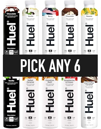 HUEL Ready-to Drink - 500ml - Pick any 6 Bottles - Choose from 15+ Flavours - Banana, Berry, Chocolate, Cinnamon Swirl, Iced Coffee Caramel, Salted Caramel, Strawberries & Cream, Vanilla