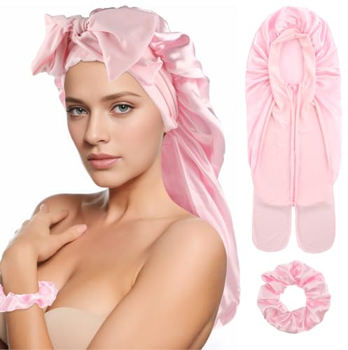 Abeillo Lange Satinhaube für Damen, Große Seidenhaube zum Schlafen, Satin Haarhaube Nacht, Haube mit Bindeband und Haargummis, Schlafhaube für Langes Lockiges Haar, Zöpfe (Rosa)
