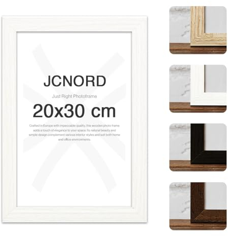 JCNORD Weißer MDF Holz Bilderrahmen 20x30 cm mit bruchsicherem Acrylglas | Moderner Fotorahmen für Wände und Tische