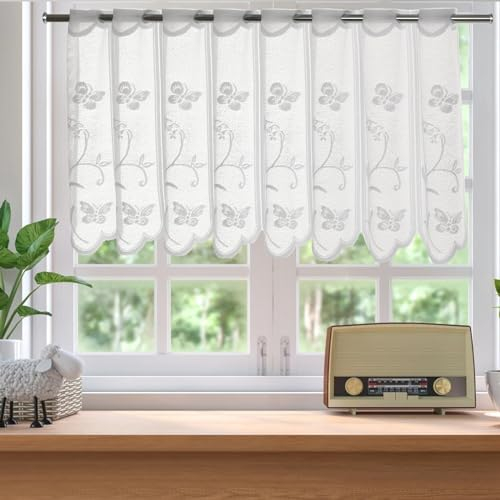 Alishomtll Scheibengardinen, Romantische Bistro Halbtransparent Gardinen Gardinen, Schiere Jacquard Gardinen mit Durchzuglöcher, Dekorative Kurze Gardinen für Küche Kinderzimmer 45x120cm, Weiß 1 STK.