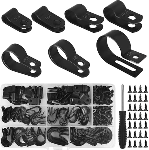 Omsscun 215 PCS R Type Cable Clips, Black P Clips with Screws and Screwdriver, Cable Clips Outdoor for Electrical Cable, Conduit (5.5mm, 6.35mm, 8.35mm, 10.35mm, 12.7mm, 15.8mm, 19mm)