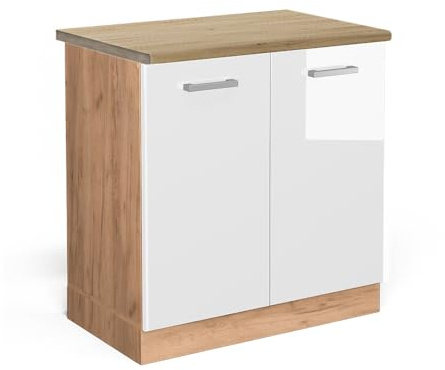 Vicco Spülenunterschrank R-Line, Weiß Hochglanz, 80 cm | 2 Türen · AP Eiche inkl. · Höhenverstellbare Füße · Großer Innenraum ✓ · ✓ Frei kombinierbar