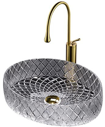 Badezimmer-Waschbecken, 45,7 cm runder Badezimmer-Waschtisch aus gehärtetem Glas, künstlerisches Waschbecken, Aufsatzwaschbecken, Waschschüssel mit goldenem Wasserhahn und Pop-Up-Ablauf (C)
