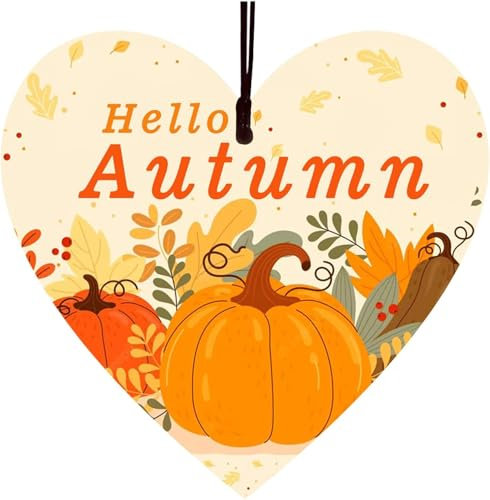 Hello Autumn Decorations Wooden Heart Hanging Signs Plaque Printed Leaves and Pumpkin Signs Gifts Wooden Cards for Thanksgiving Day Decorations Gifts Accessories