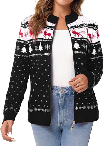 Sykooria Damen Strickjacke Weihnachten Jacke Langarm Cardigan Wärme Outwear Sweater mit Stehkragen und Reißverschluss, Schwarz L