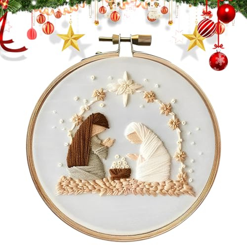 Generisch Weihnachten Stickerei Set Erwachsene Anfänger,Weihnachtenmuster Kreuzstich Kit Starter Tools Kit mit Stickrahmen,Farbfäden und Werkzeuge,für DIY Kunst,Handwerk,Sticken-Weihnachtskrippe