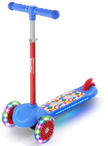 BremToy Roller Kinder 3 Jahre, Kinder Roller mit Leuchtendem Deck und PU-Beleuchtete-Rädern, 4-Stufig Höhenverstellbarer, Reaktionsschnelles Bremsen, leicht, Kinderroller für von 3–8 Jahren, Rot