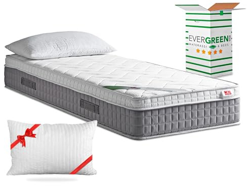 EVERGREENWEB Matelas 90x200 avec Surmatelas intégré en Mousse à Mémoire de Forme 7 Zones Ergonomique, 25 cm de hauteur + Oreiller GRATUIT, Housse Blanc Rembourré à Effet Massant Tissu Hypoallergénique