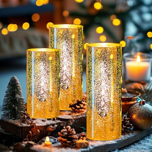3 Stück Weihnachten Teelichtgläser Glas, Weihnachten Teelichthalter, Weihnachtsdeko, Weihnachten Tischdeko Kerzengläser, Windlicht Weihnachten für Kerzen Windlicht Kerzenständer Stumpenkerzen (Gold)
