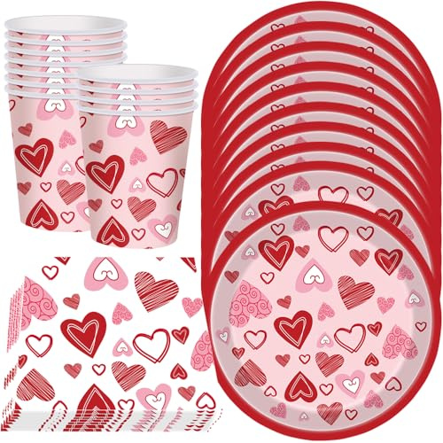YGCHEN Vaisselle de Fête Forme de Coeur Vaisselle Saint-Valentin Fournitures de Fête Amour Vaisselle Jetable Set Mariage Fiançailles Fête Assiettes Gobelets Serviettes 24 Invités