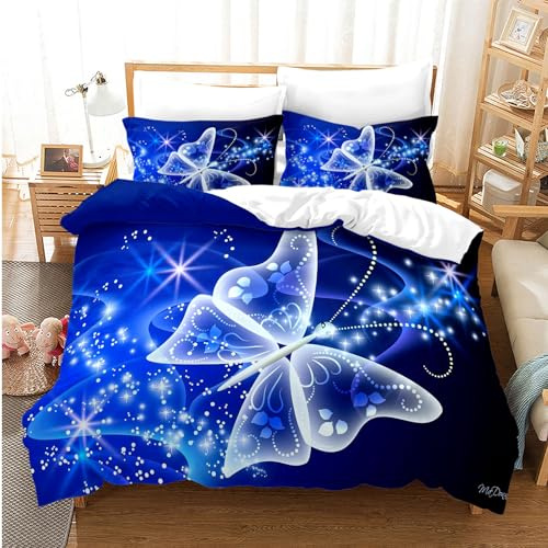 EHAOKK Goldener Schmetterling bettbezug Blau Schmetterling bettwäsche | 3D Schmetterlinge bettwäsche-Sets,Für Jungen und Mädchen geeignet mit 2 Kissenbezug 50x75cm(D,135x200cm)