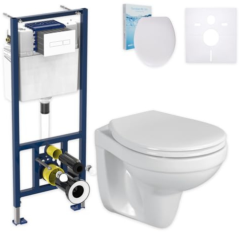 sanicomfort Hänge Wand WC-Komplettset spülrandlos mit Softclose-Sitz WC-Deckel + Vorwandelement + Schallschutz + Drückerplatte eckig