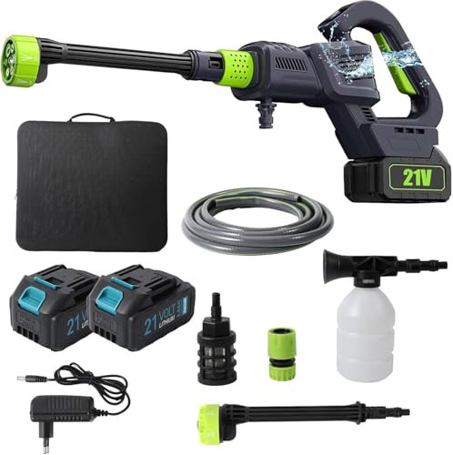 Hidrolimpiadora de Baterías MAX 200 Bar, Pistola de Agua a presión con con 2×3.0Ah Baterías y Cargador, Manguera 5M, Limpiador de Alta presión con batería para Lavado de Coches
