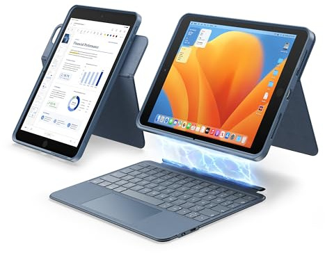 HOU 360° drehbare abnehmbare Tastaturhülle für iPad 7./8./9. Generation | verstellbarer Ständer,Hoch- & Querformat,Stiftfach,Trackpad,7-farbig beleuchtet,Vollschutz-Hülle,QWERTZ,Marineblau