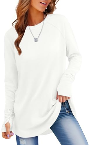 Rapbin Långärmad Tröja Dam Rund Hals Pullover Sweatshirt Avslappnad Blus Tunika Långärmad Topp Elegant T-shirt Överdel Med Tumhål, Vit, XXL