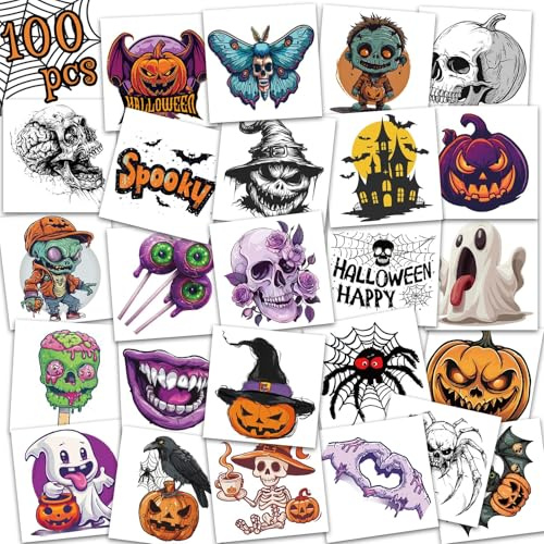 Tattoo Aufkleber Halloween Deko, 100 Stück Temporäre Tattoo Kinder Halloween, Tattoo Aufkleber Kürbis, Wasserdicht Terror, Party Supplies