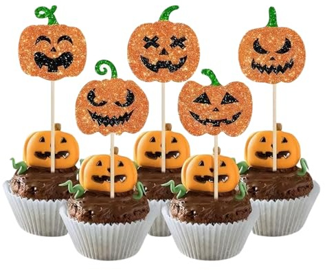 10 Stück Halloween Deko Kürbis Cupcake Topper, Halloween Aufsätze Dekorationen Kürbis Tortendeko, Tortendeko Glitzer Herbst Thema Cupcake Toppers, für Pumpkin Thema Thanksgiving Dekorationen Orange