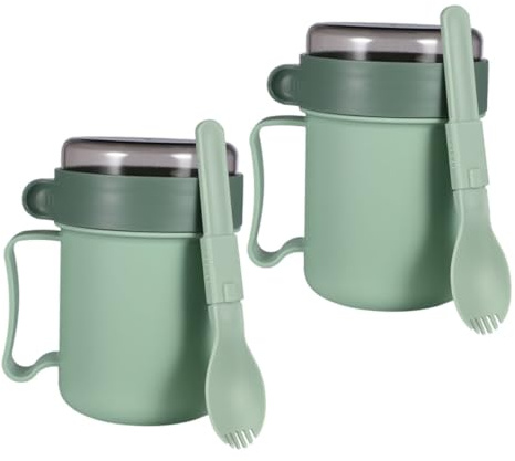 Mikinona Mug Soupe Micro-ondable Double Couvercles et Cuillères, Récipients Isothermes pour Gruau et Soupes, Adaptés aux Déjeuners à Emporter et Voyages