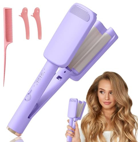 TGKYK French Wave Curling Iron, 32 mm Big Wave French Hair Curler, Deep Wave Hair Curler with 4 Gears Temperature 160-220°C, Rapid Heating and Anti-Scald Hair Waver Crimper for All Hair Types, Violet