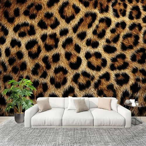 Mural Papel Pintado 3D 250x175cm Textura De Leopardo Animal Fotomurales Tejido No Tejido Antiarrugas Póster Amarillo Parduzco Murales Fotográfico Moderno Decoración de Paredes