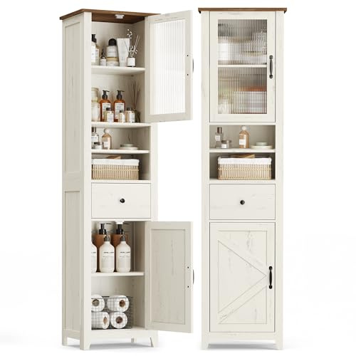 VASAGLE Badezimmerschrank im Landhausstil, schmal, 31,5 x 40 x 171 cm | Badmöbel, offene Fächer, 1 Schublade, mit Türen, vintageweiß-honigbraun, LIRY Kollektion BBK760W101