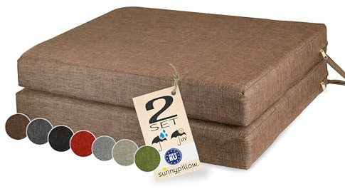 sunnypillow 2er Set Stuhlkissen 40 x 40 cm wasserdicht UV-lichtecht 7cm dick - Outdoor Polsterauflage mit Bändern - Auflage für Stühle,Bänke - Sitzkissen Stuhlauflage für Haus und Garten - Braun
