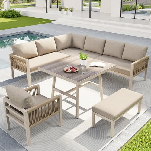 Wiuzo Sofá de jardín trenzado a mano en forma de L para hasta 8 personas/estructura de hierro resistente con tapicería/Incluye 1 mesa con tapa de cristal de mármol y 2 sillones/muebles de terraza