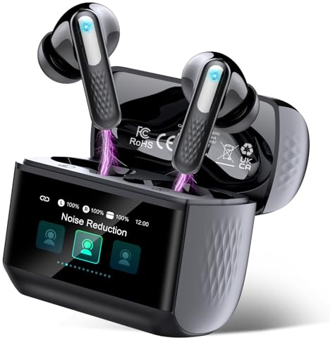 Auriculares Inalámbricos con Pantalla Táctil LED, Auriculares Bluetooth 5.4 HiFi Estéreo con HD Mic, 48H Cascos Inalambrico con Reducción de Ruido ANC+ENC, 5 Modos EQ, IP7 Impermeable, Negro Mate