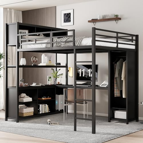 Xwiny Hochbett 140x200cm, Eisenbett mit Schreibtisch und Doppelstöckiger Stauraum, Etagenbett mit Kleiderschrank, Eisen + Spanplatte, Schwarz (Ohne Matratze)