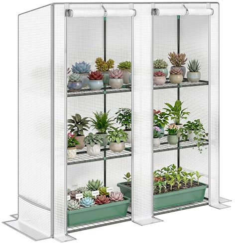 Outsunny Serra da Giardino con 2 Porte Avvolgibili, Scaffale a 3 Ripiani e Tasche Laterali, Serra per Orto, Struttura Acciaio e Copertura PE, per Piante Verdure Fiori Frutta, Anti UV, Bianco e Grigio