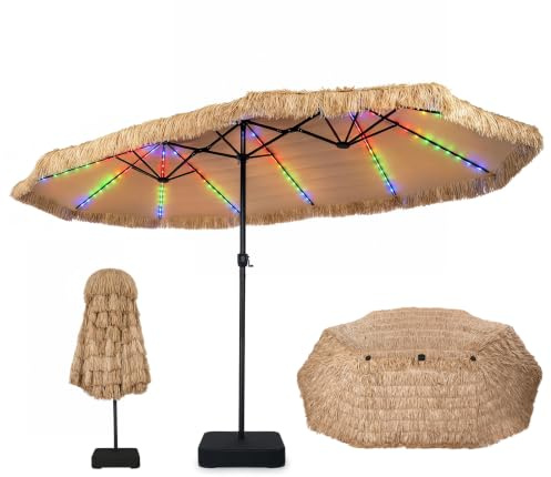 COSTWAY Sonnenschirm Hawaii mit Ständer und LED-Beleuchtung 450x260 cm | Doppelsonnenschirm mit 12 Beleuchtungsmodi, 2 Lademöglichkeiten & Kurbel, Gartenschirm, Strohschirm Groß, Terrassenschirm