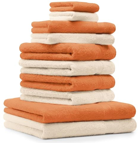 Betz 10-TLG. Handtuch-Set Premium 100% Baumwolle 2 Duschtücher 4 Handtücher 2 Gästetücher 2 Waschhandschuhe Farbe Beige & Orange Terra
