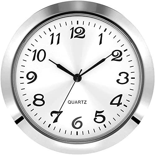 2-1/8 Inch (55 mm) Quartz Clock Insert, Zinc-Alloy Metal Case, Arabic Numeral, White Face (Silver)