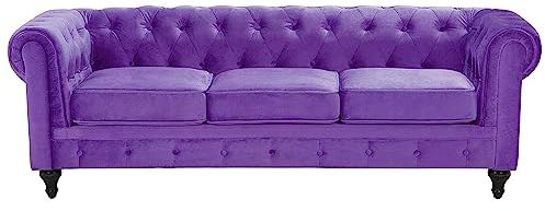 Klassisk Soffa Knappar Tuftad 3-sits Sammet Lila Chesterfield