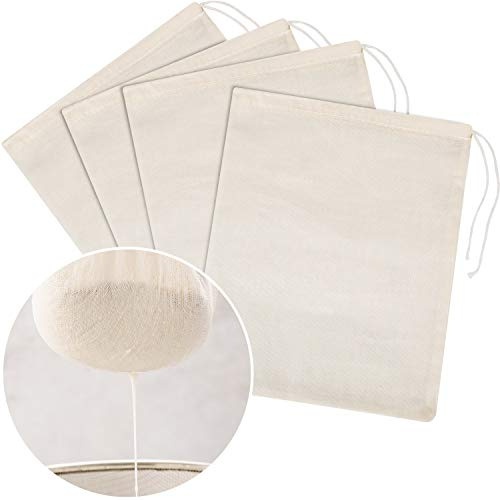 Lot de 4 sacs en étamine, lait de noix, passoire en mousseline de coton, sacs alimentaires en maille pour yaourt, café, thé, jus, vin (taille L, 30,5 x 35,6 cm)