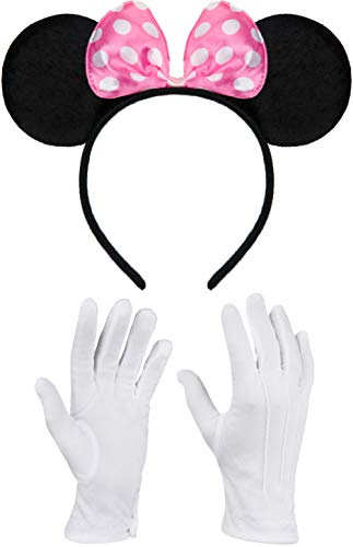 Balinco Haarreifen in schwarz mit Maus Ohren Mouse mit Schleife in rosa mit weißen Punkten inklusive weiße Handschuhe für Kinder & Erwachsene