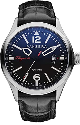 Panzera Flieger 46 Hornet Spirit Automatik Stahl Schwarz Leder Datum Herren Uhr
