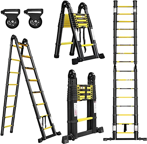 UISEBRT Teleskopleiter Klappbar Alu-teleskopleiter Mehrzweckleiter Rutschfester Aluleiter Schiebeleiter Multifunktion Faltbar Leiter Ausziehleiter max 150 kg Belastbarkeit, Schwarz (Faltbar(2,5+2,5M))