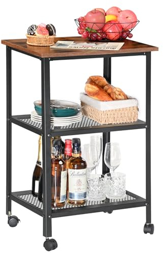 H JINHUI 3-Tier Serving Cart Trolley, Rustic Rolling Cart with 4 Wheels, Industrial Kitchen Shelves, Heavy Duty Storage Cart, Storage Organiser for Kitchen, Living Room