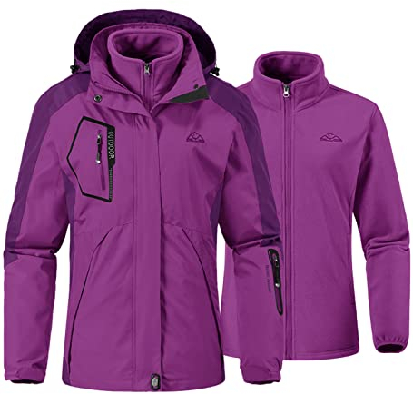 YSENTO Damen 3-in-1 Skijacke Winter Fleecejacke wasserdichte Winddichte Warme Funktions Outdoor Softshell Jacke mit Abnehmbarer Kapuze(Violett,XL)
