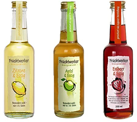 Fruchtwerker Set di aceto e frutta, diverse varietà, fruttato, aceto di frutta, aceto di frutta, set di aceto, puro vegetale, dolce, in bottiglie di vetro (fragola + mela + limone)