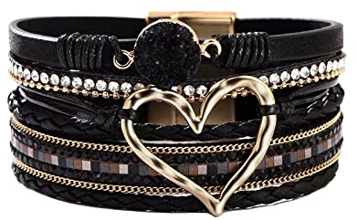 KunBead Jewelry Black Leather Wrap Bracelets for Women Heart Handmade Braided Boho Multilayer Magnetic Buckle Bracelet Wristband Cuff Bangle Birthday Gifts