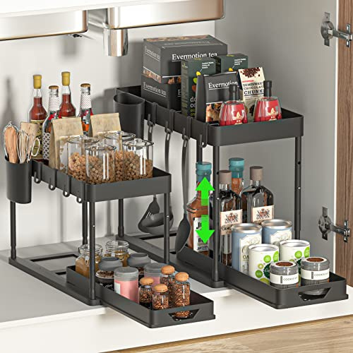 SKYSER Unter Waschbecken Regal Küche Organizer 2-stöckiger Schubladen-Organizer Anhebbares Schrank Organizer küche, mit 4 Haken, 8 rutschfeste Pads & 1 Hängebecher aufbewahrung（2 Pack，Schwarz）