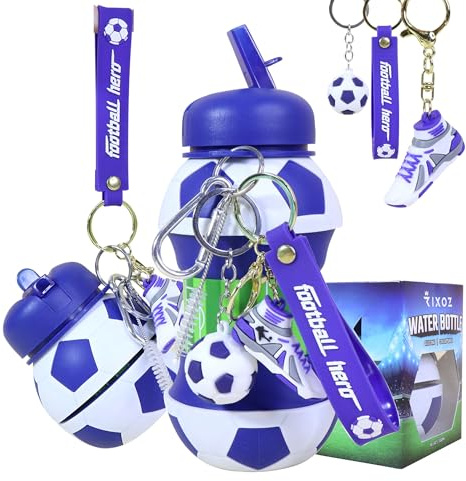 RIXOZ Borraccia da calcio blu – 550 ml in silicone pieghevole con portachiavi da calcio per bambini